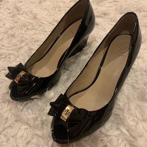 Tori Burch Bow Peep Toe Wedge Pumps